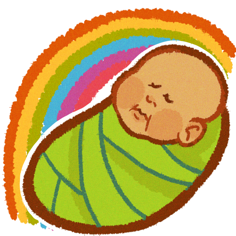  a light skinned baby wrapped in green cloth , behind them there is a rainbow in warm tones .